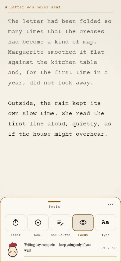 The Encre writing room: a typewriter page titled The shelf, with a fifty-word goal