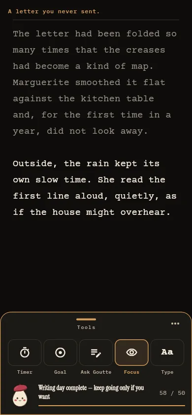 The Encre writing room in dark mode: a typewriter page titled The shelf, with a fifty-word goal