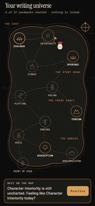 The Encre craft map: a hand-drawn island with twelve writing-skill landmarks