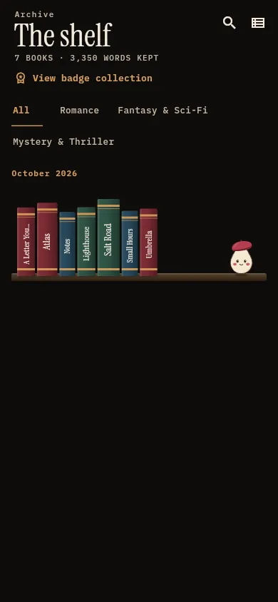 The Encre shelf in dark mode, with pieces shown as book spines