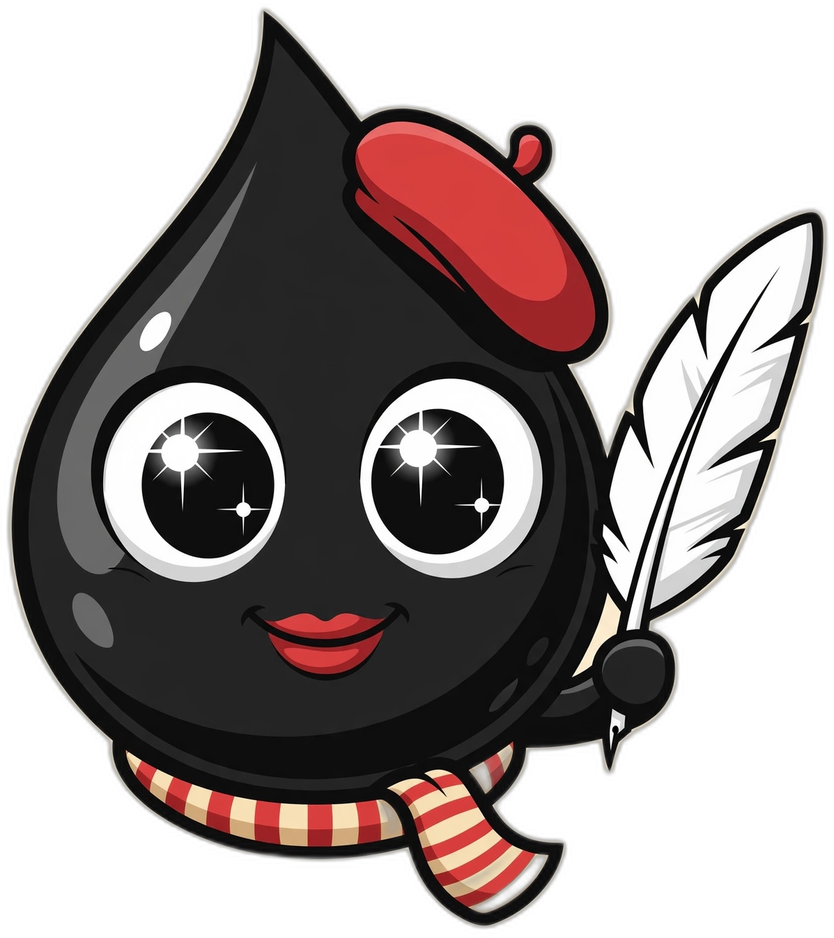 Goutte, the Encre mascot, a Parisian drop of ink holding a quill