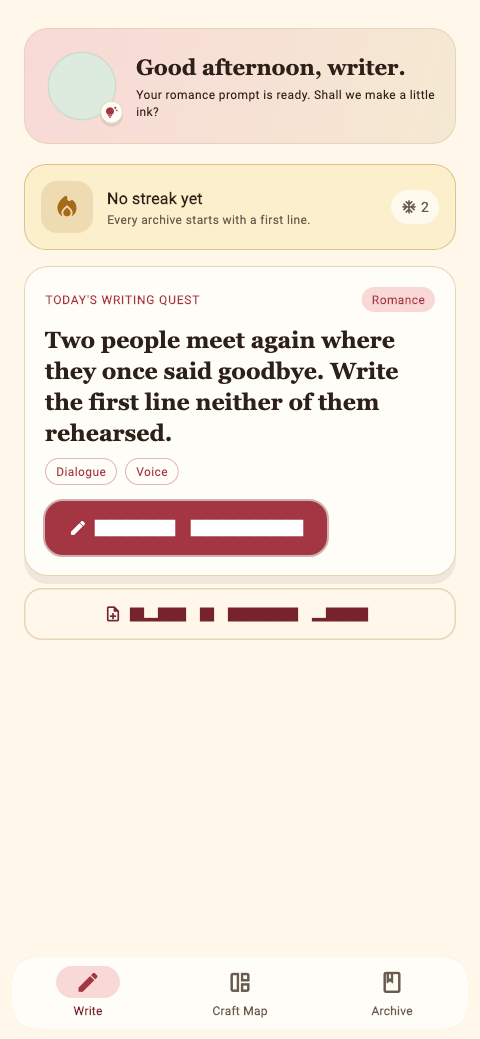 Current Encre home screen showing Goutte's greeting, a streak card, and today's writing quest
